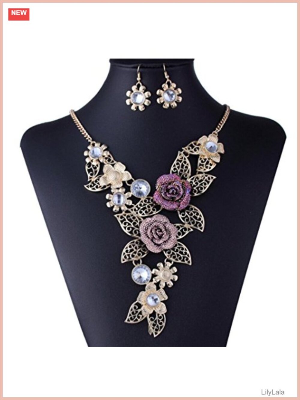 Vintage Flower Statement Necklace Earrings Set Zinc Alloy Rhinestone Polished